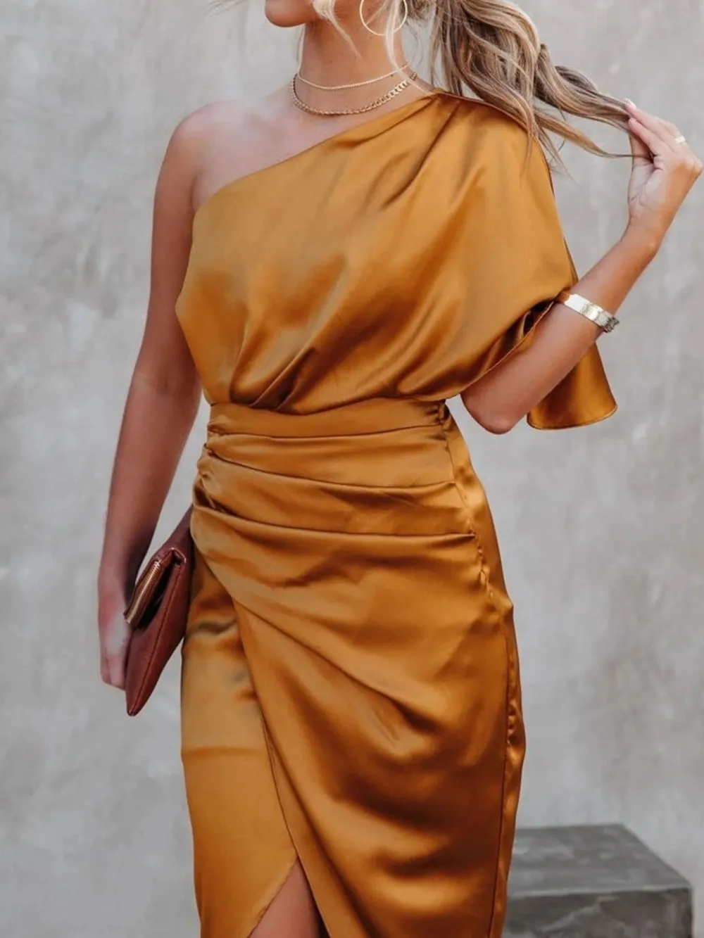 One-Shoulder Satin Wrap Dress with Side Slit, image 5