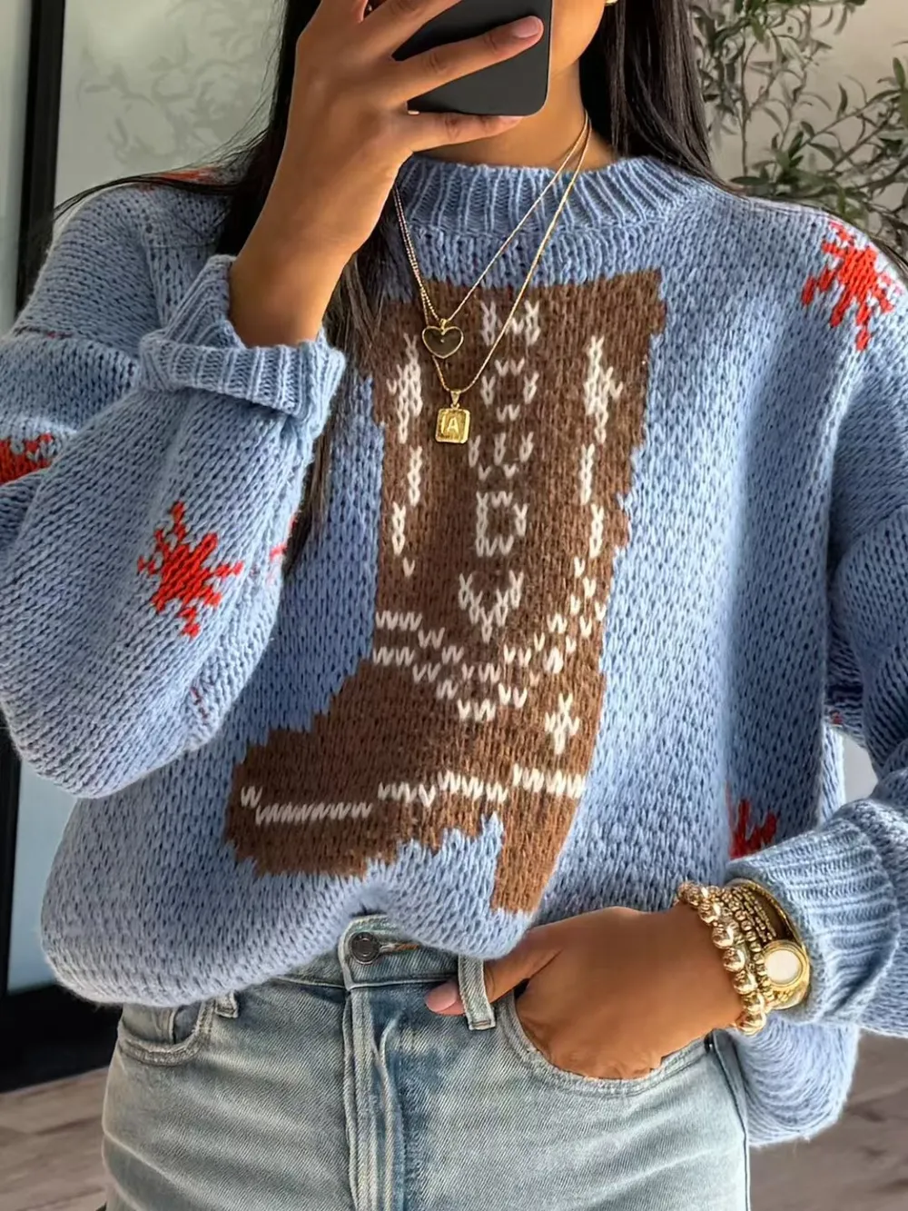 Boot Pattern Round Neck Dropped Shoulder Sweater, image 2
