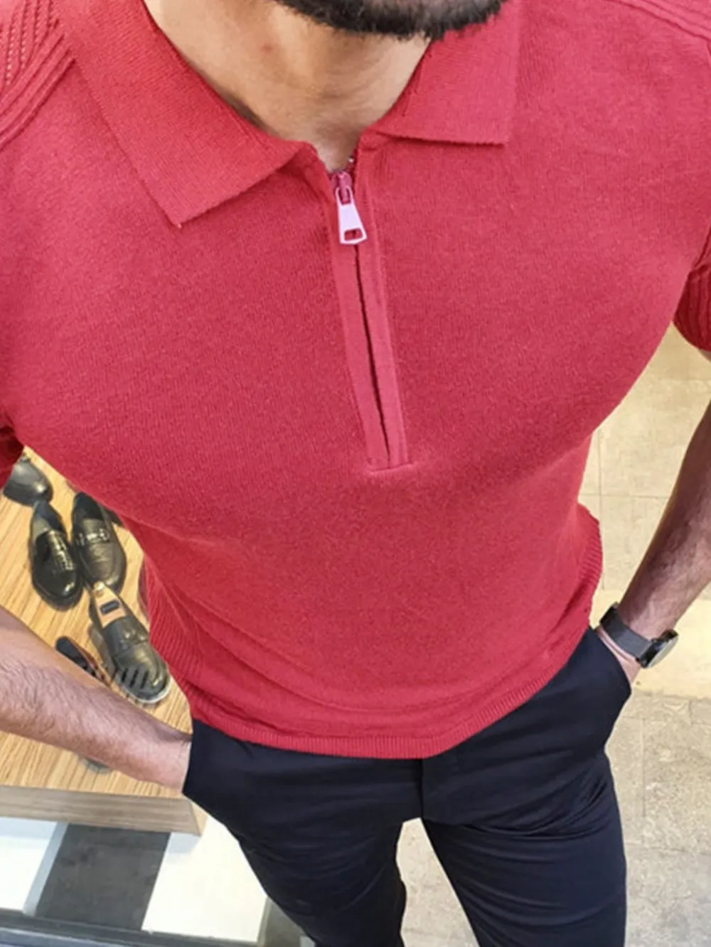 Men's Collared Neck Quarter Zip Knit Polo, image 4