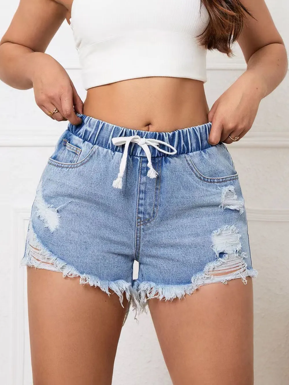 Distressed Drawstring Raw Hem Denim Shorts, image 3