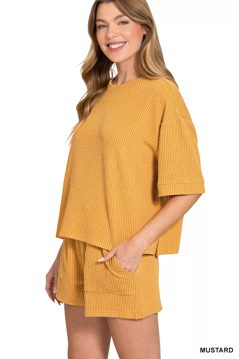 Raised Rib Short Sleeve Tee and Drawstring Shorts Set, image 2