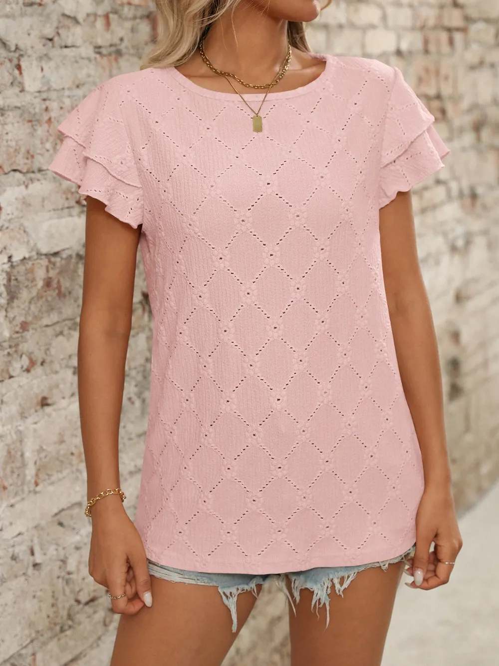 Eyelet Round Neck Double Layered Ruffled Short Sleeve Top, image 8