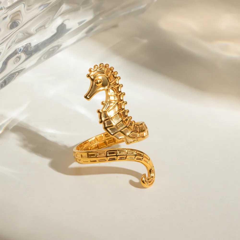 18K Gold-Plated Seahorse Wrap Adjustable Ring, image 3