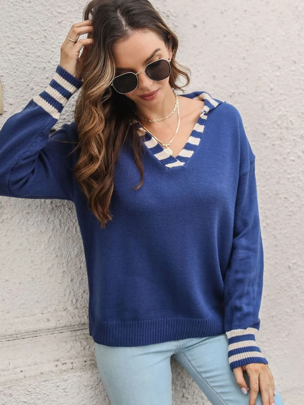 Striped Trim Drop Shoulder Sweater, image 6