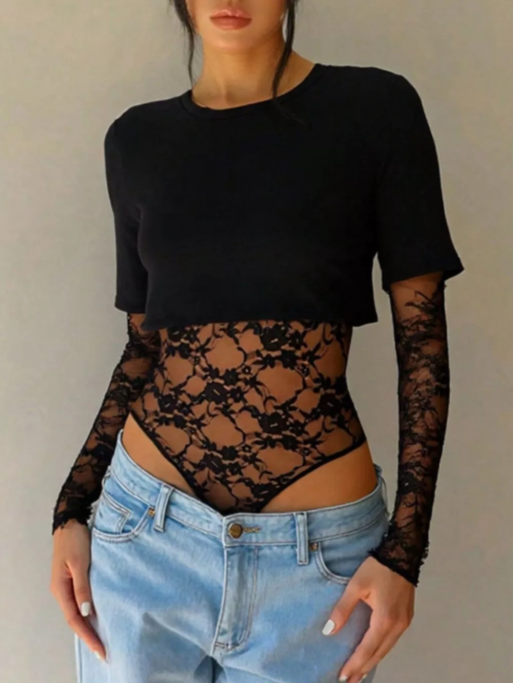 Lace Patchwork Round Neck Bodysuit, image 4