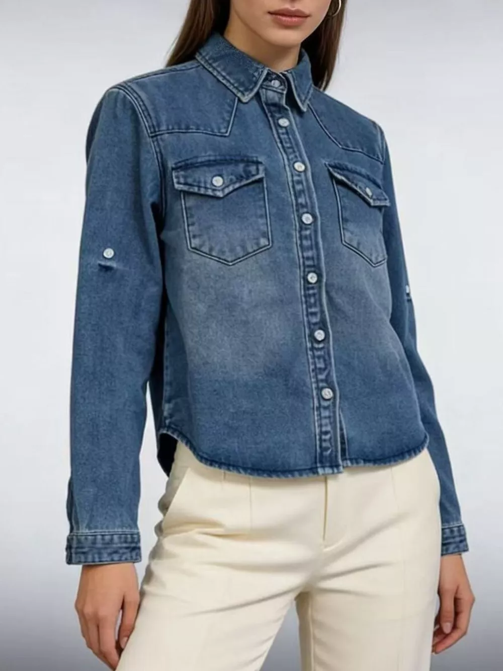 Button Down Classic Western Style Denim Top, image 5