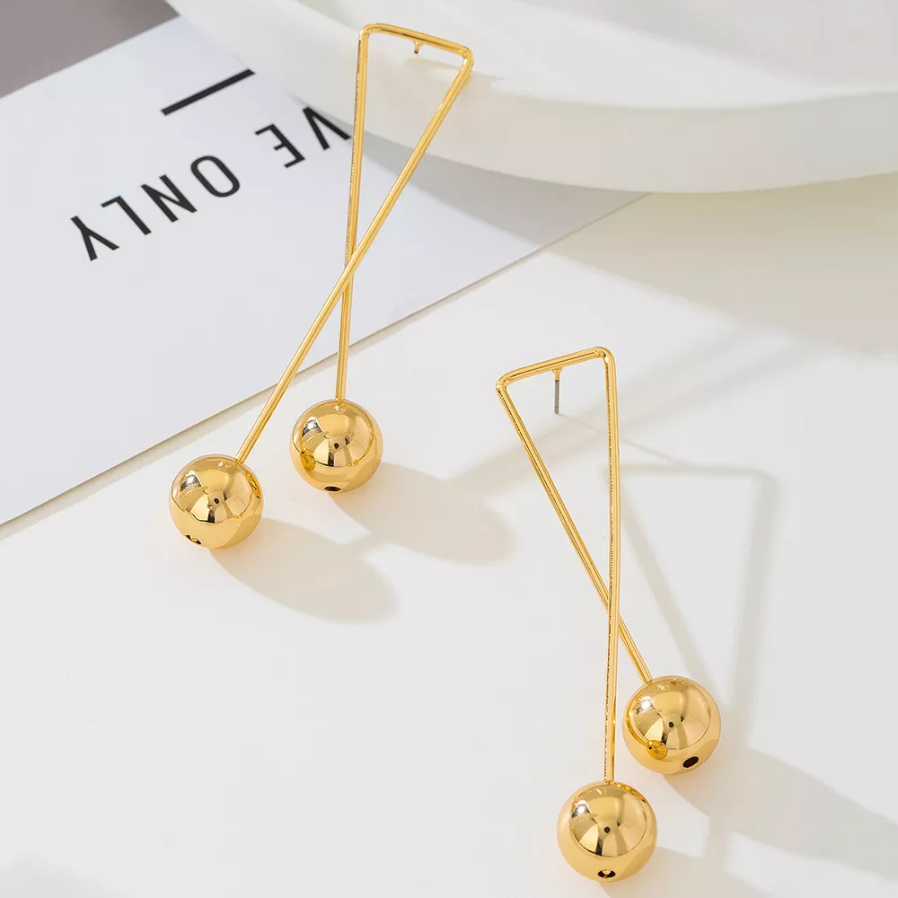 Modern Geometric Triangle Gold Ball Drop Earrings, image 2