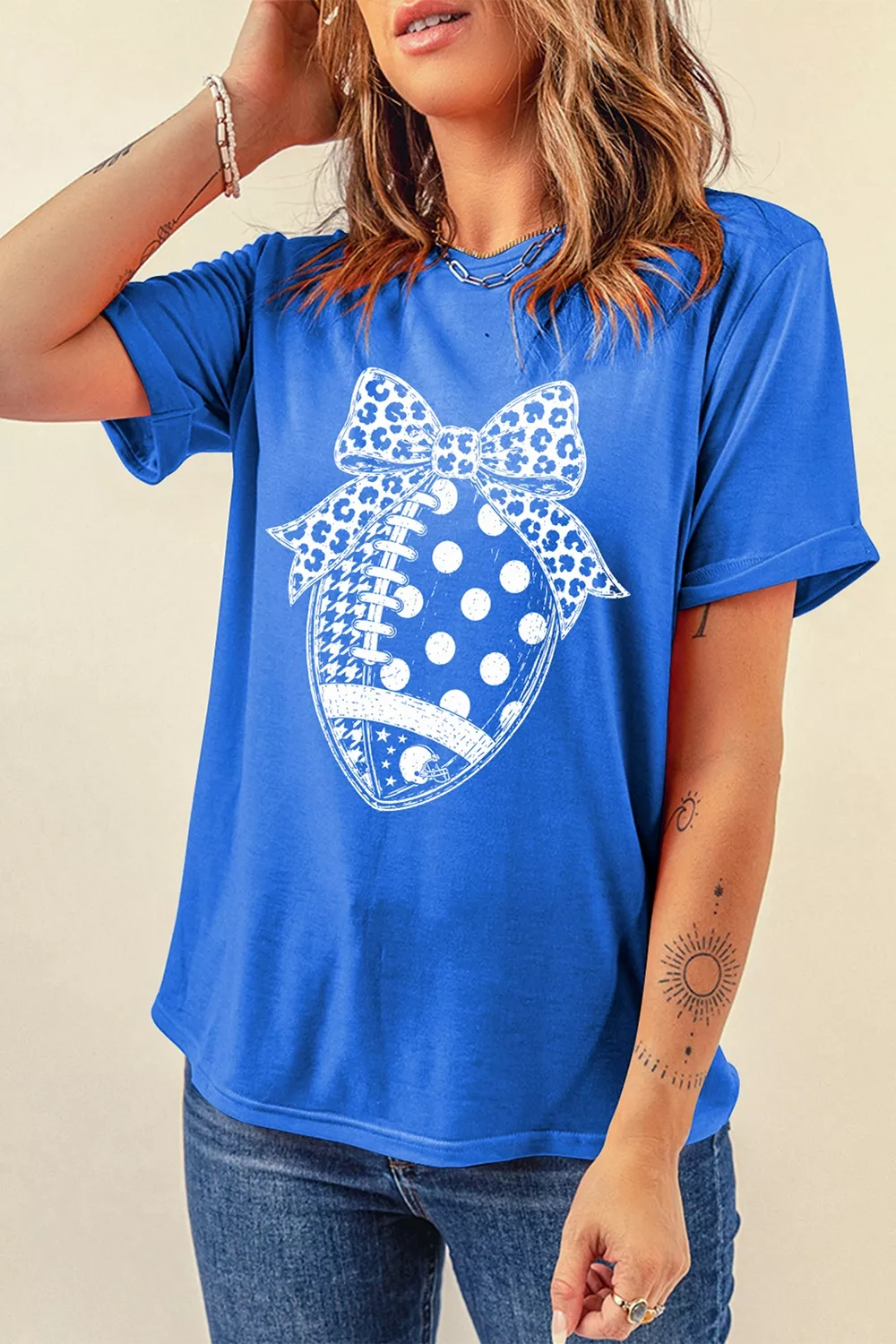 Leopard Bow Polka Dot Football Graphic Game Day T Shirt, image 3
