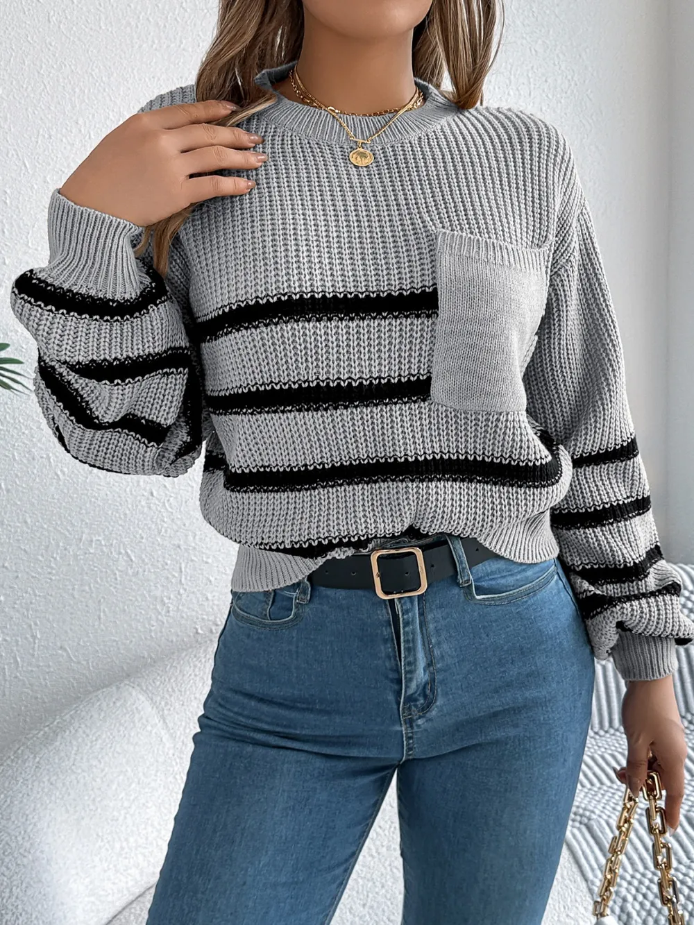 Striped Round Neck Long Sleeve Sweater, image 13