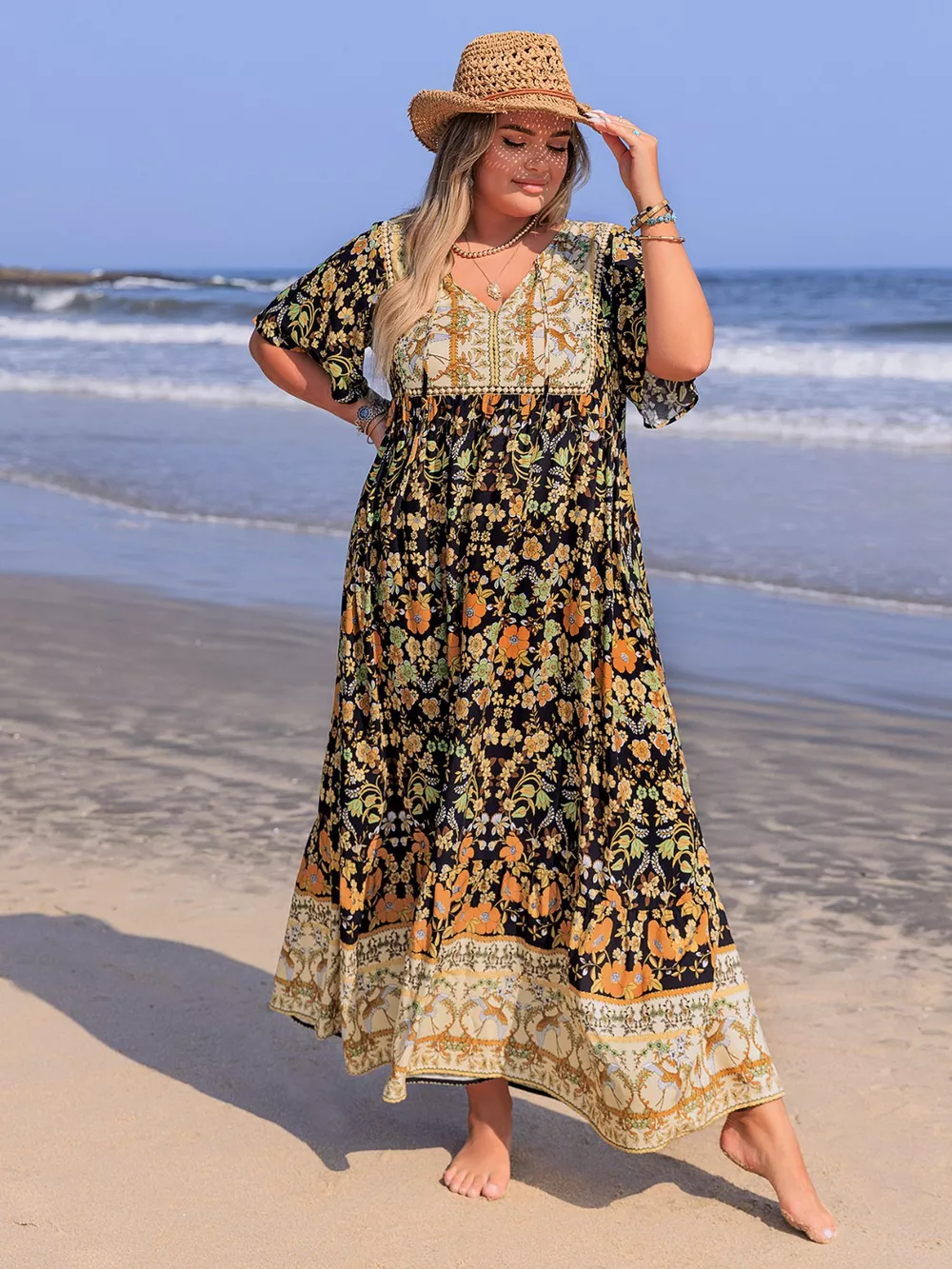 Plus Size Bohemian Floral Tiered Maxi Dress, image 3