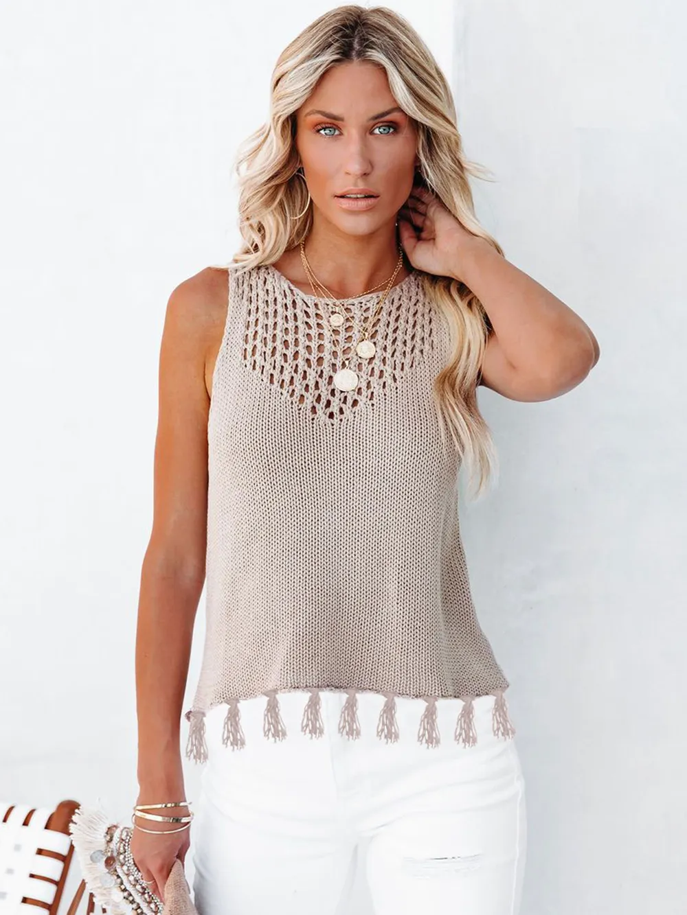 Cutout Tassel Round Neck Tank, image 4