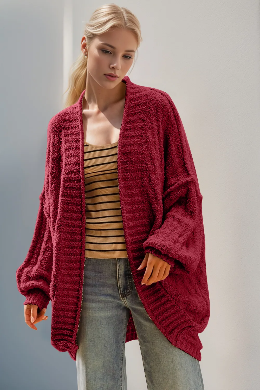Full Size Open Front Long Sleeve Cardigan, image 4