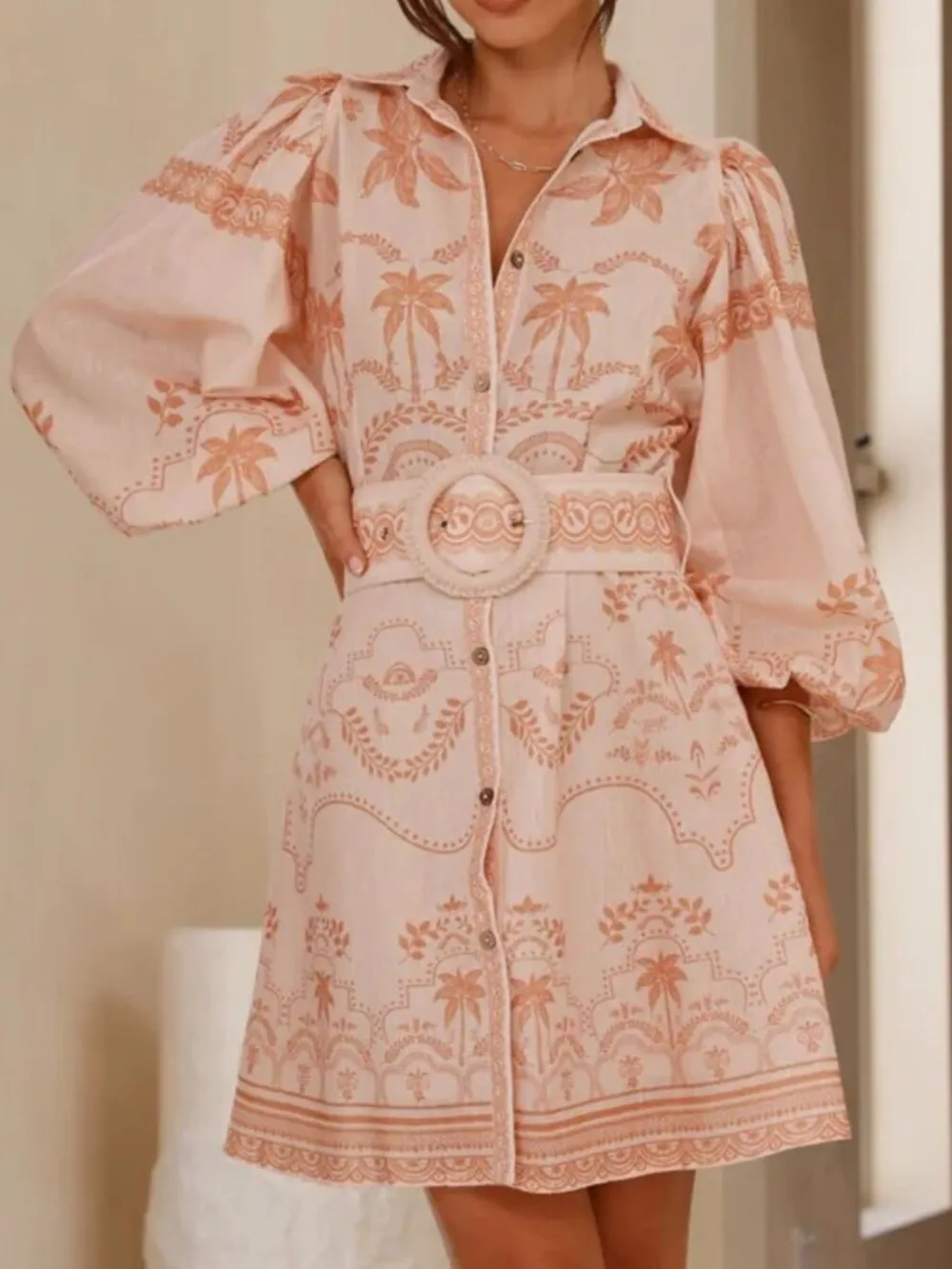 Printed Button Down Shirt Dress with Belt, image 3