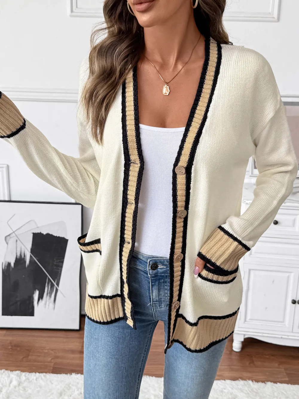 Contrast Trim Button Up Knit Cardigan, image 2