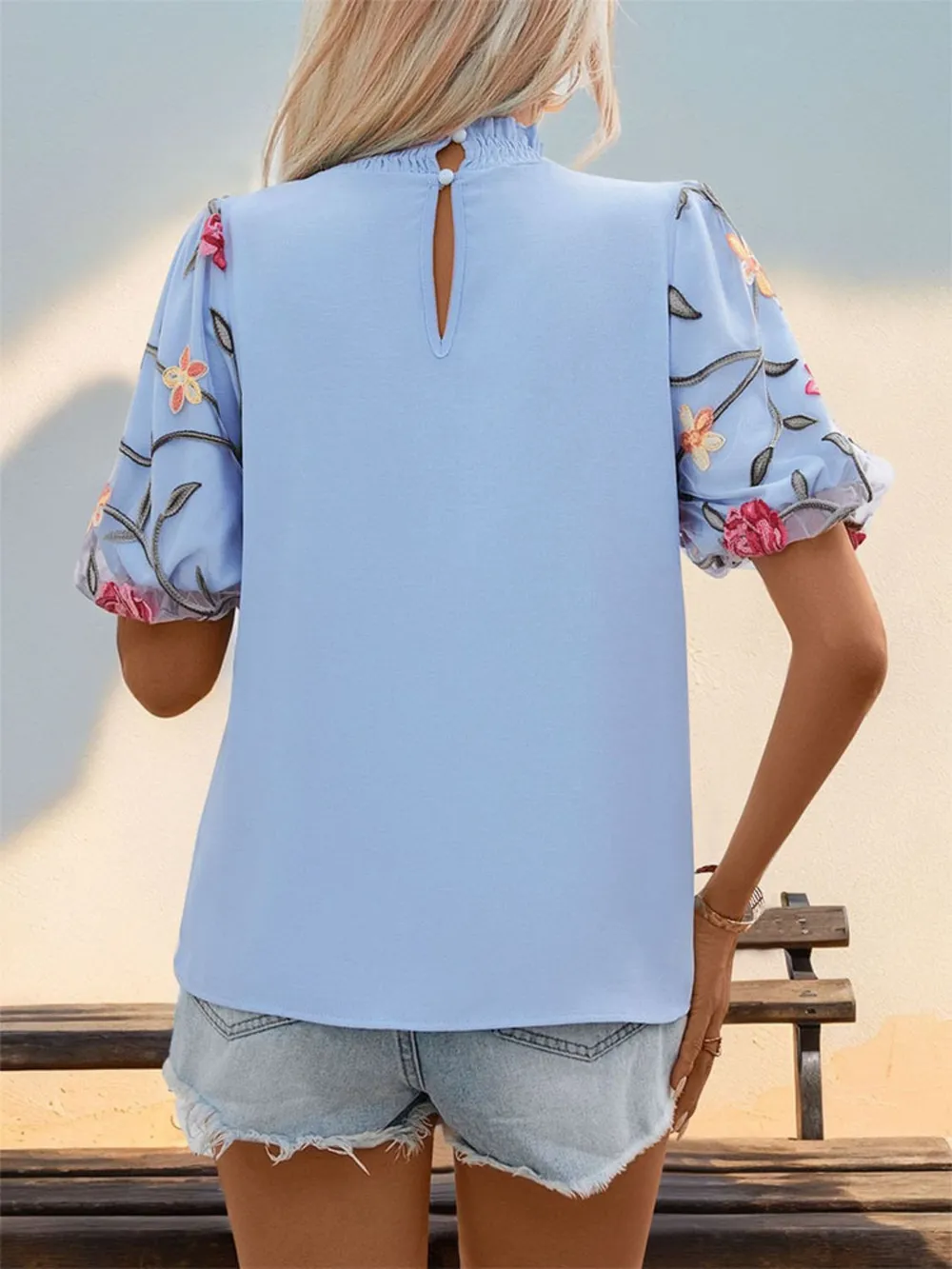 Embroidered Mock Neck Puff Sleeve Blouse, image 2