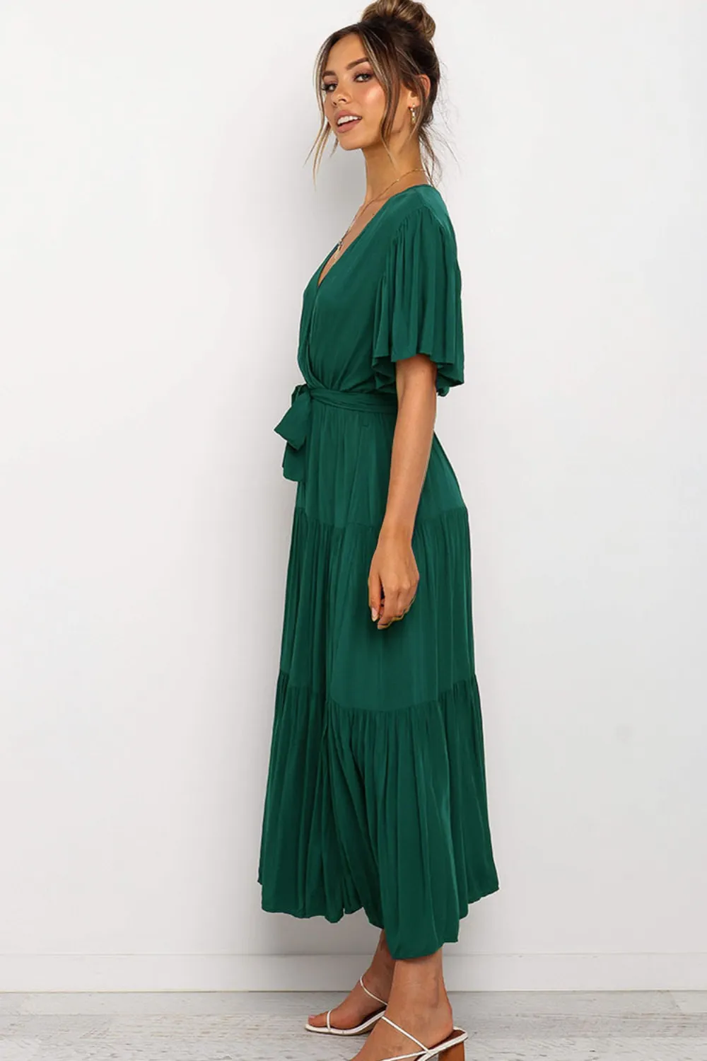 Front Tie Short Sleeve Tiered Midi Dress, image 3