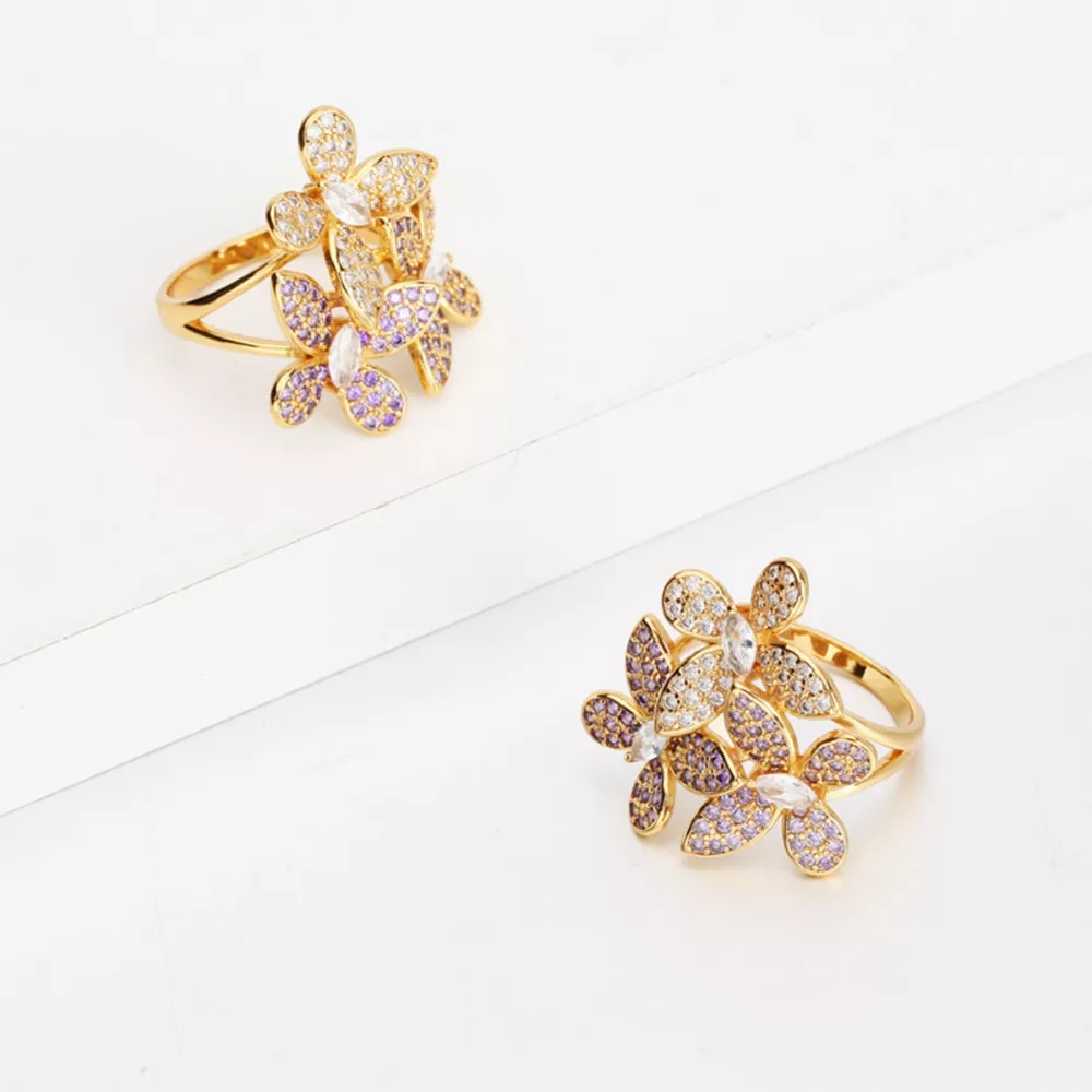 18K Gold-Plated Copper Rhinestone Zircon Flower Ring, image 4
