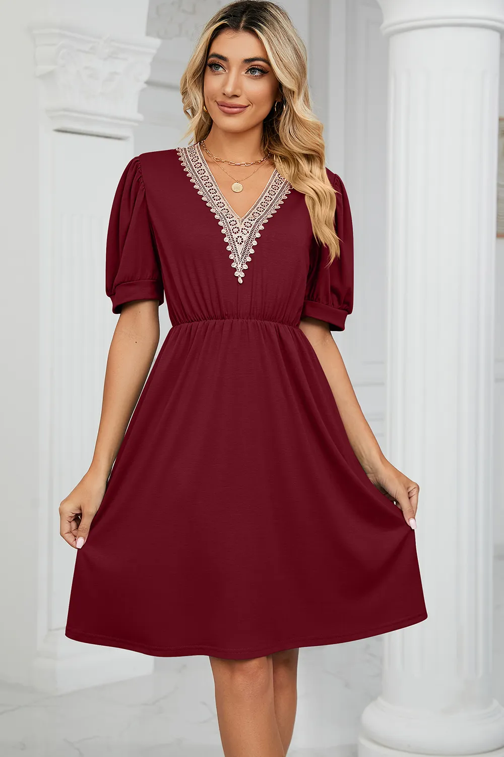 V-Neck Puff Sleeve Dress, image 2