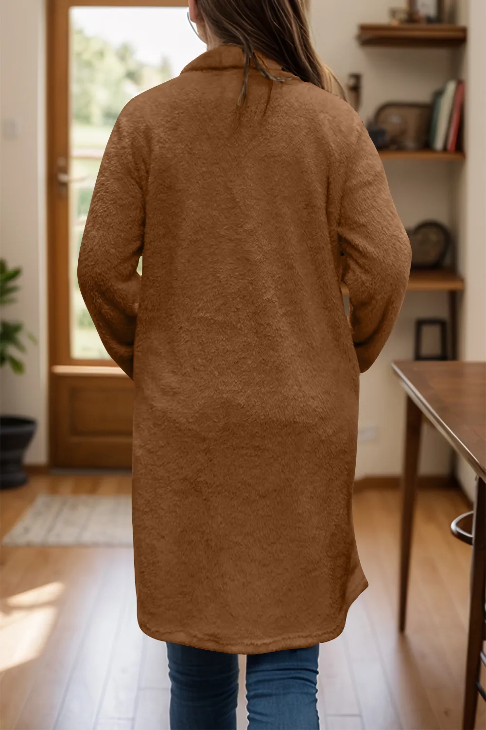 Full Size One Button Long Sleeve Longline Plush Coat, image 6