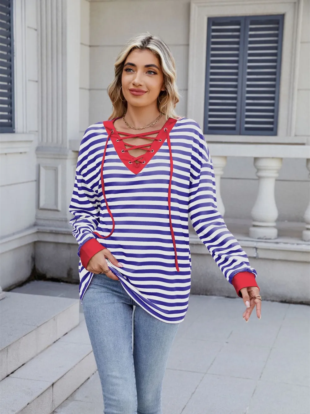 Lace-Up Striped Long Sleeve T-Shirt, image 22