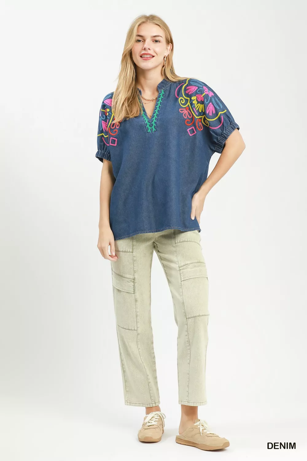 Embroidered Denim Puff Sleeve Top, image 2