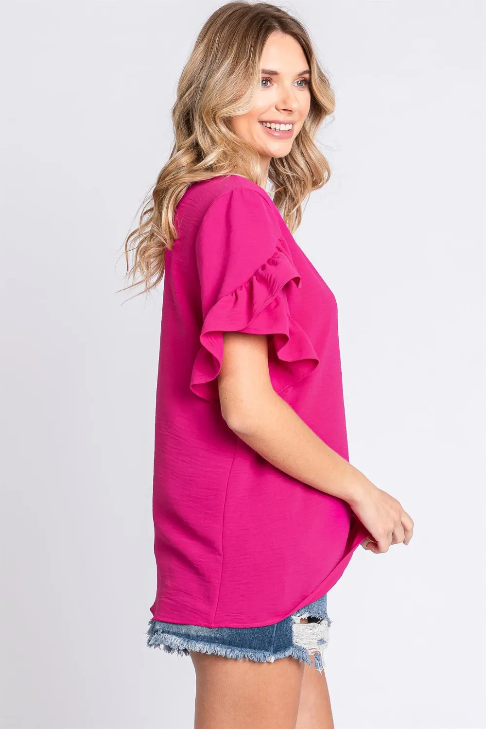 V-Neck Ruffle Trim Short Sleeve Blouse, image 3