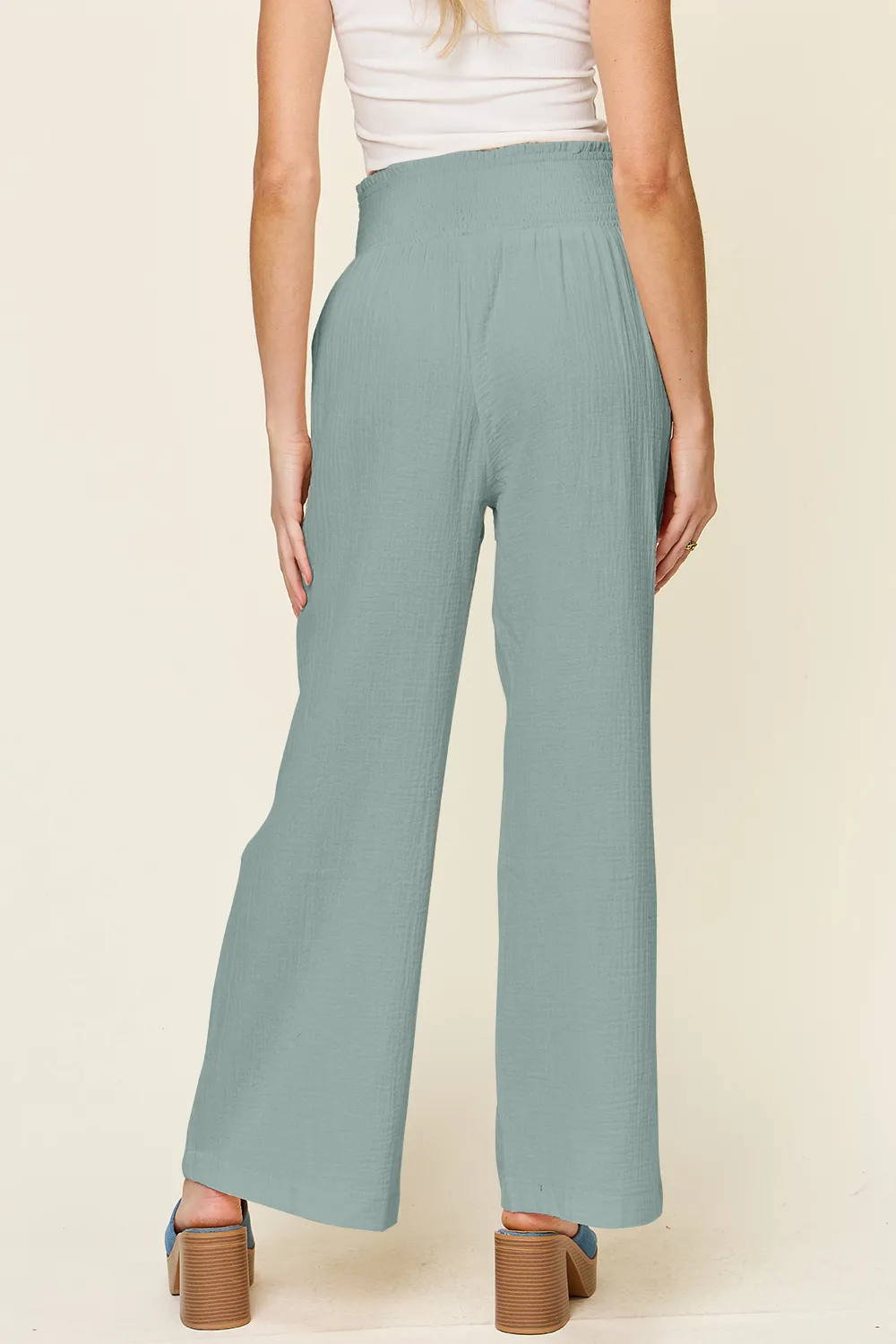 Full Size Texture Smocked Waist Wide Leg Pants, image 12