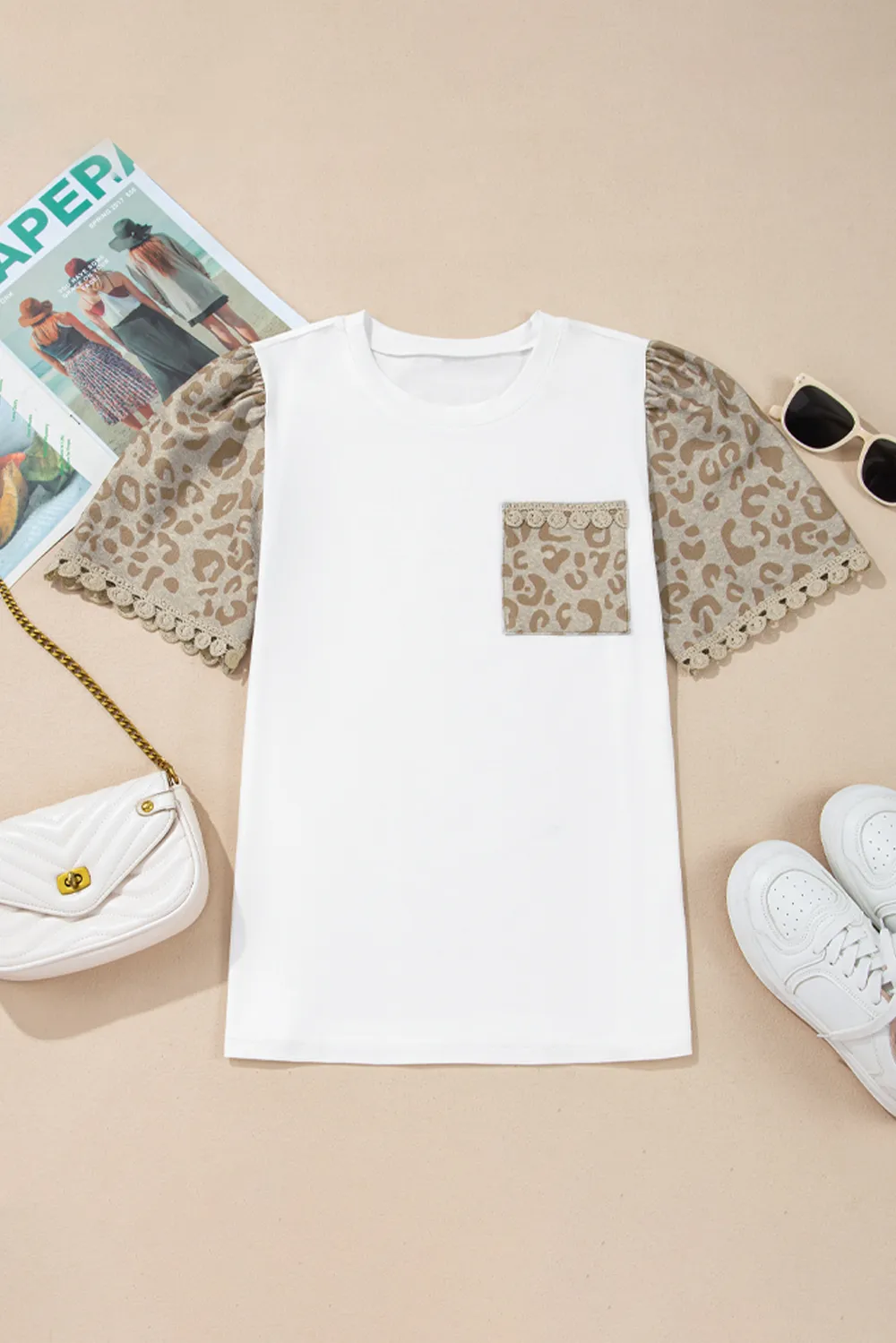 Leopard Patchwork Crochet Lace Trim Puff Sleeve T Shirt, image 2