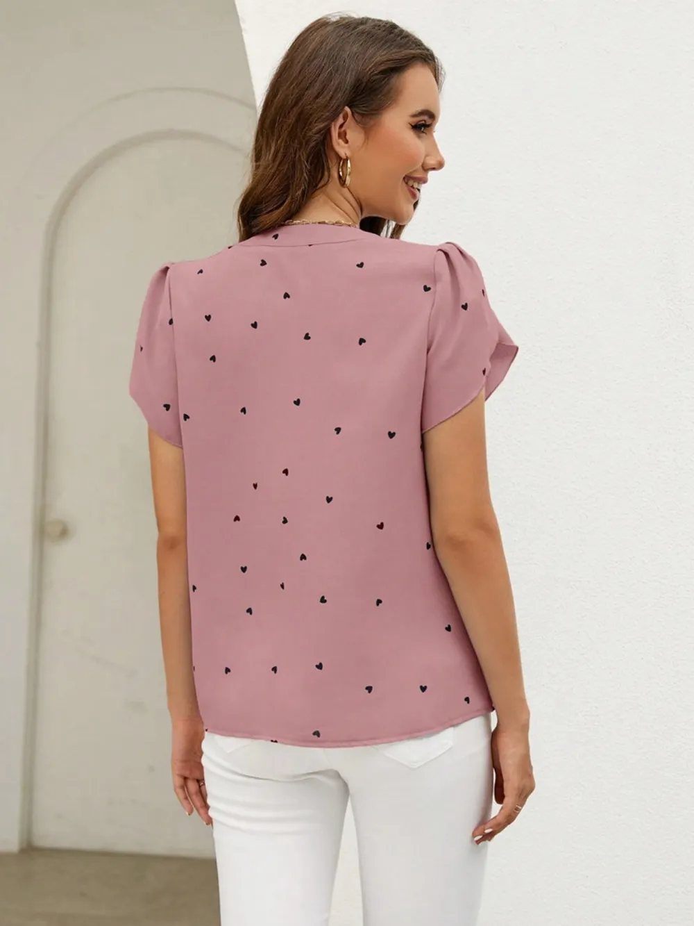 Heart Print Notched Petal Sleeve Blouse, image 22
