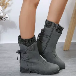 Knitted Cuff Round Toe Boots, image 11