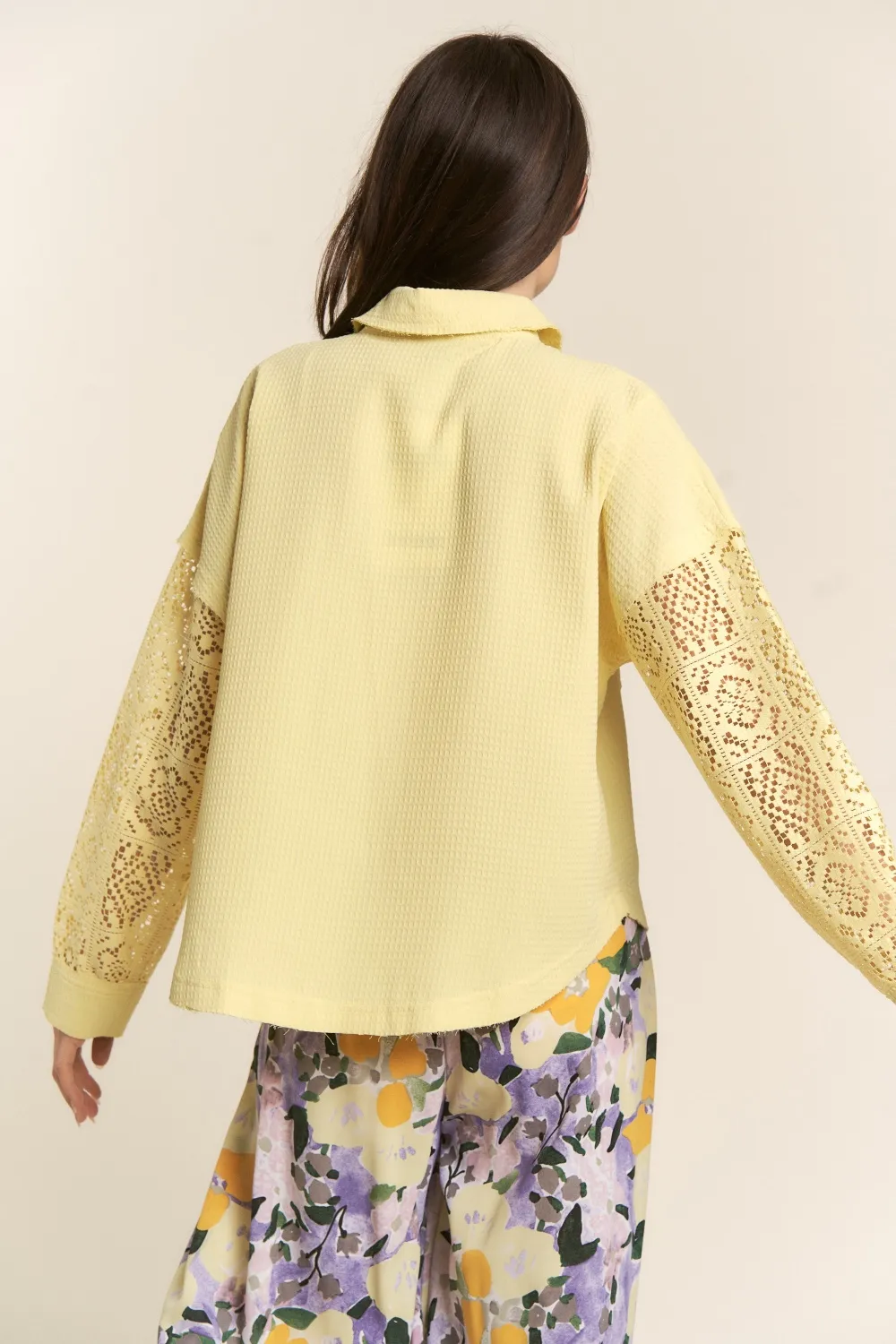 Button Down Lace Long Sleeve Waffle Shirt, image 2