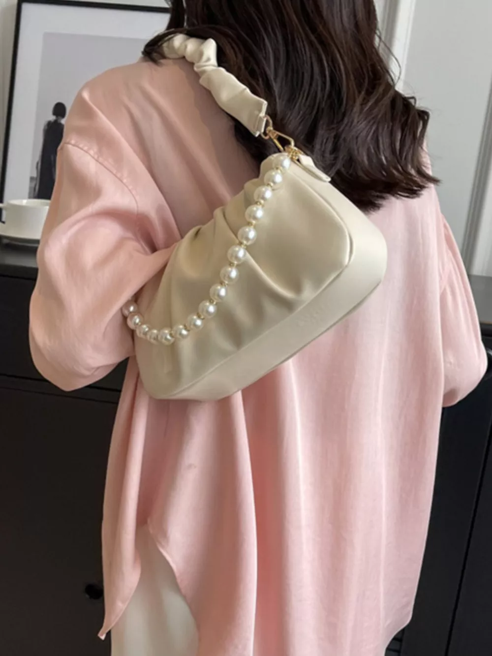 Ruched Shoulder Bag with Pearl Embellishment, image 4