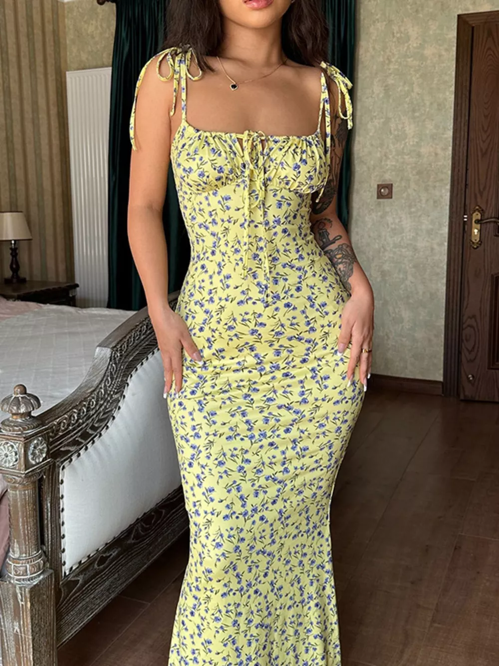 Floral Print Tie Strap Bodycon Maxi Dress, image 9