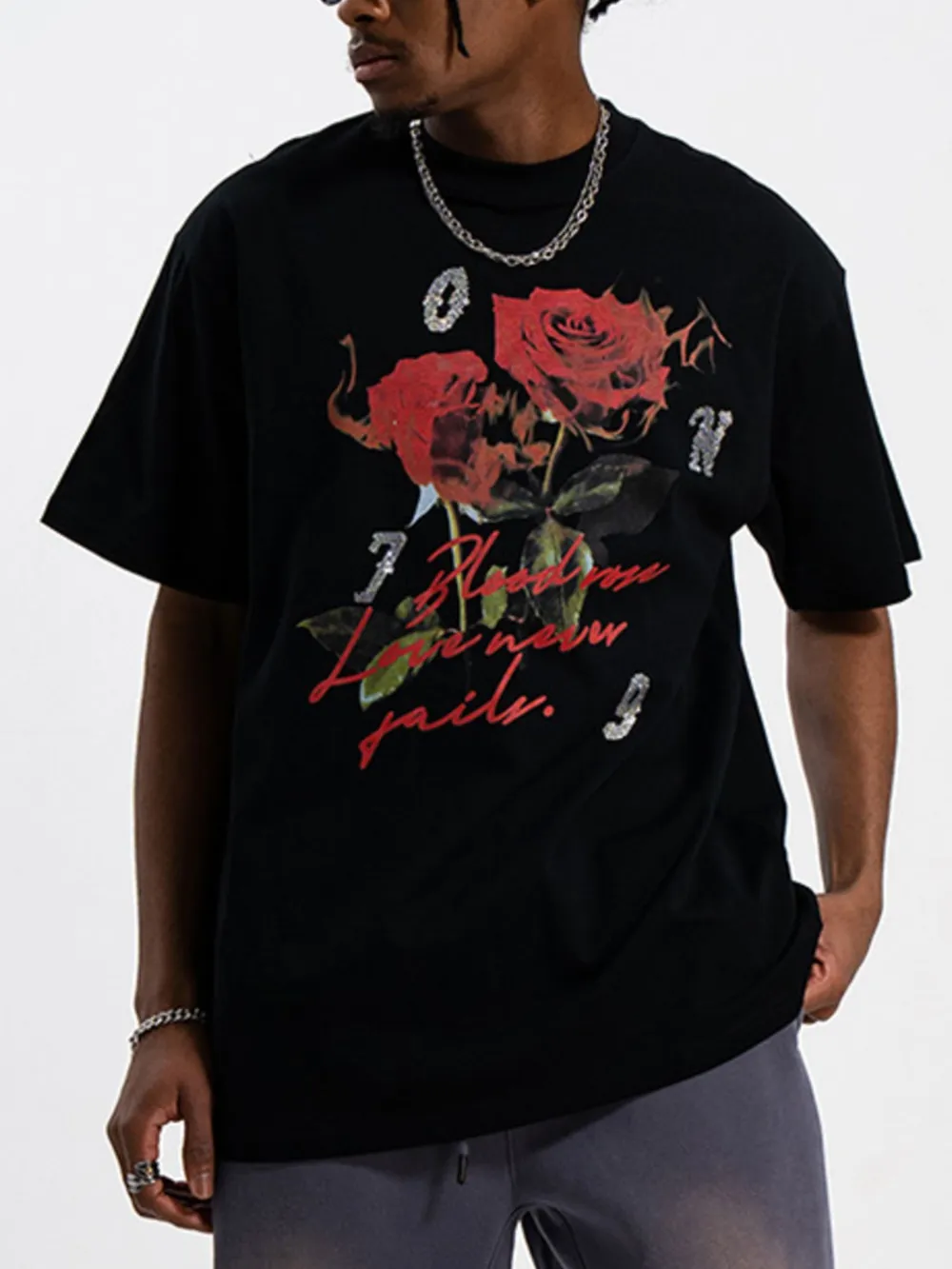 Men's Rose Graphic T-Shirt with Vintage Script Design, image 4