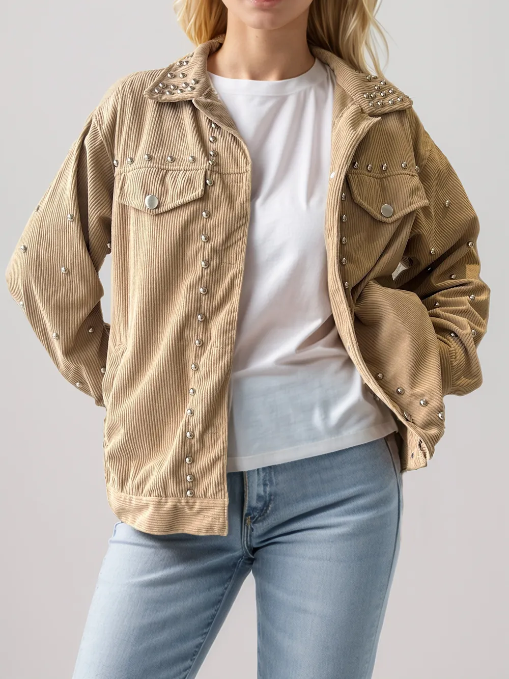Studded Collared Neck Button Up Jacket, image 2