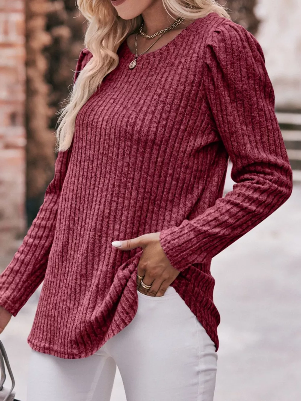 Ribbed Knit Puff Sleeve T-Shirt, image 20