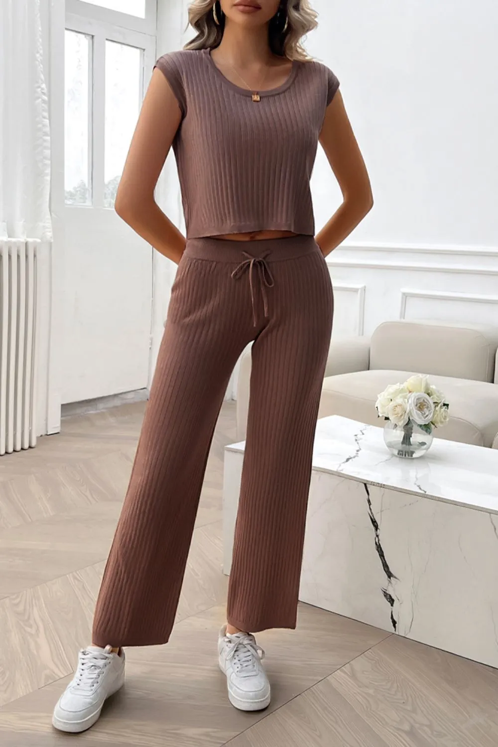 Ribbed Round Neck Top and Pants Set, image 8