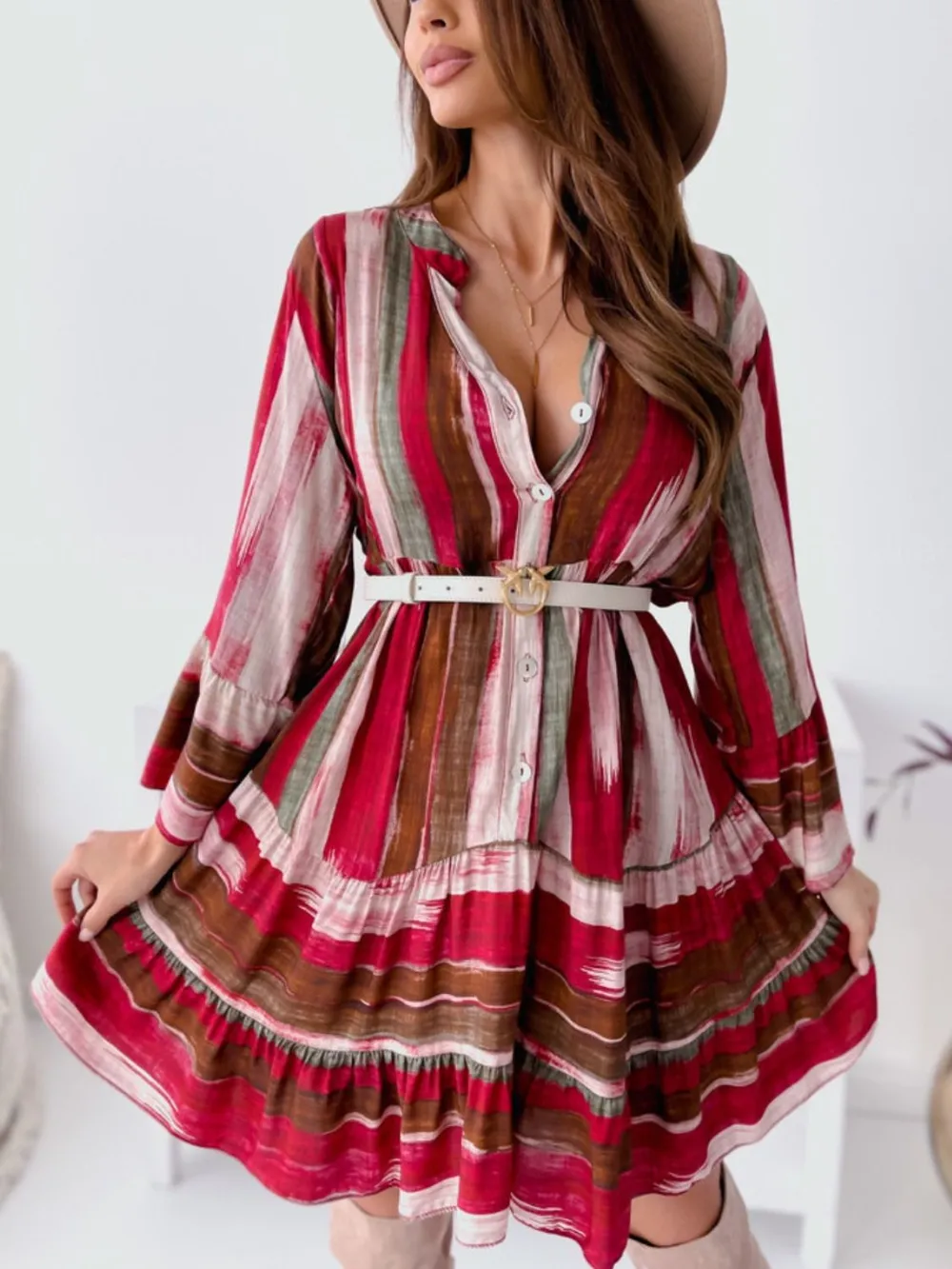 Buttoned Striped Long Sleeve Mini Dress, image 2