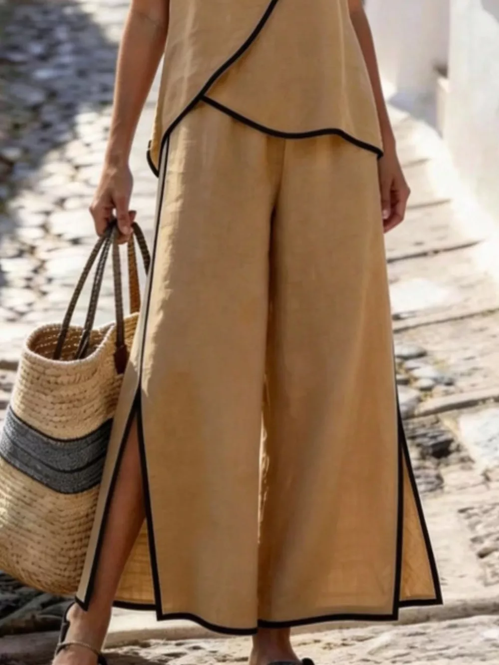 Contrast Trim Top and Slit Pants Set, image 4