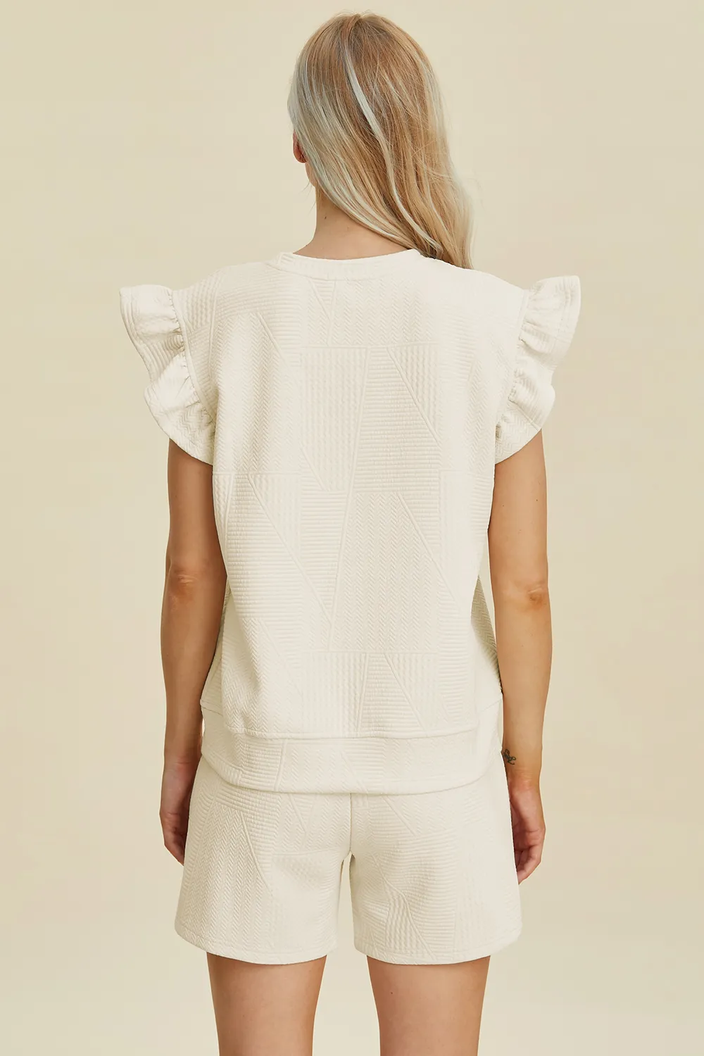 Full Size Texture Round Neck Ruffle Sleeve Top and Shorts Set, image 5