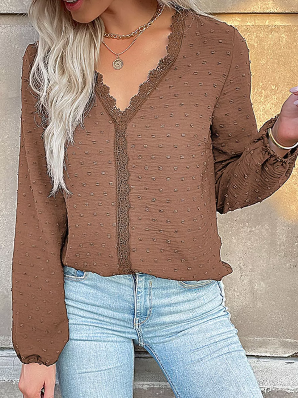 Lace Detail V-Neck Long Sleeve Blouse, image 3