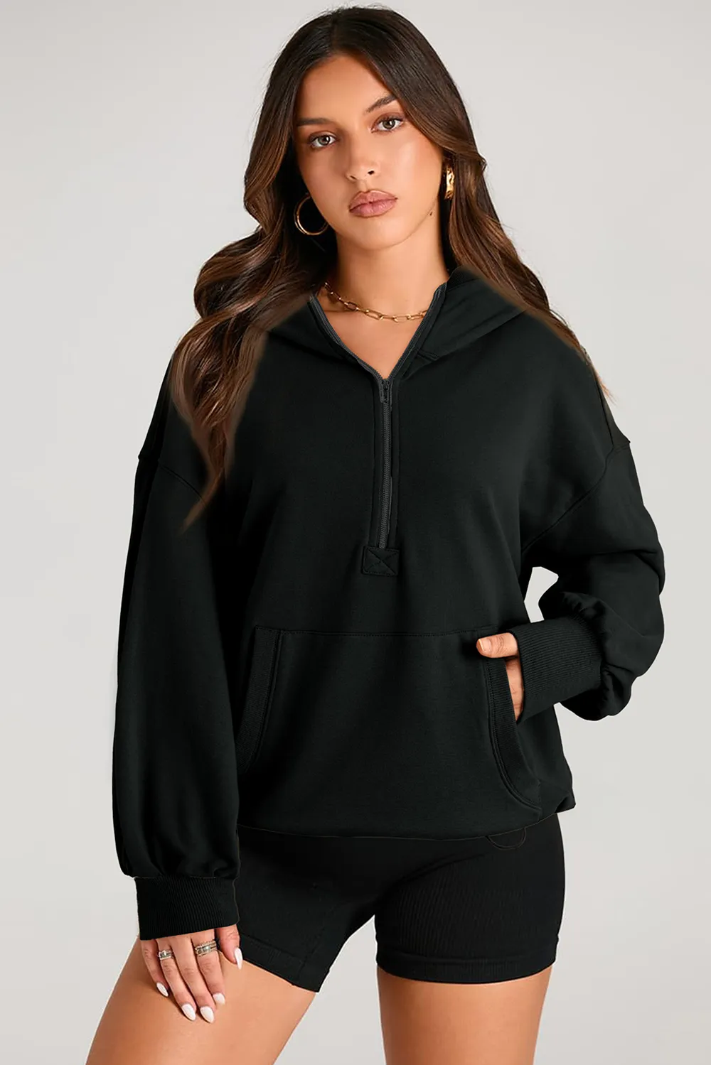 Pocketed Half Zip Long Sleeve Hoodie, image 4