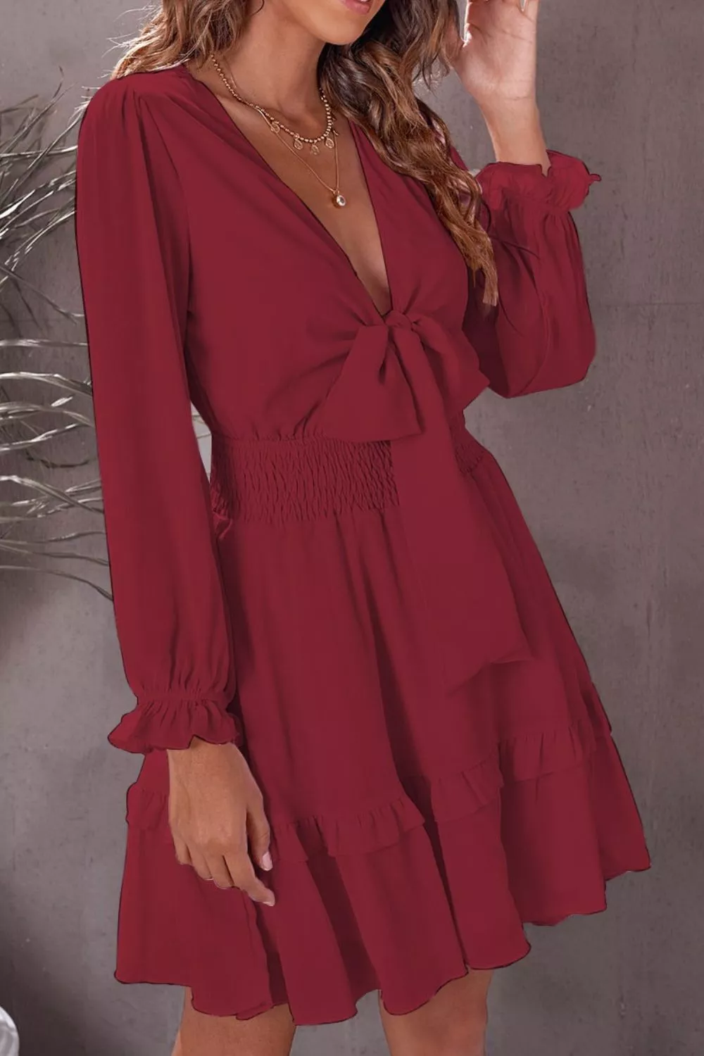 Elegant Tie-Front Ruffle Mini Dress with Smocked Wiast, image 6