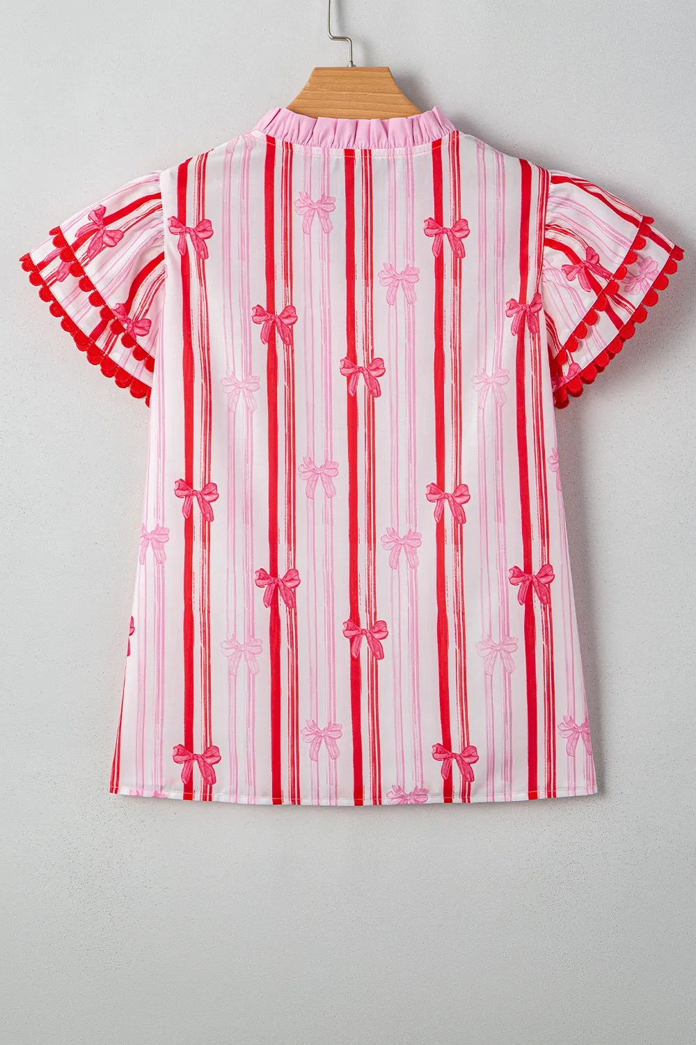 Ric-Rac Trim Ruffled Sleeve Striped Printed Blouse, image 3