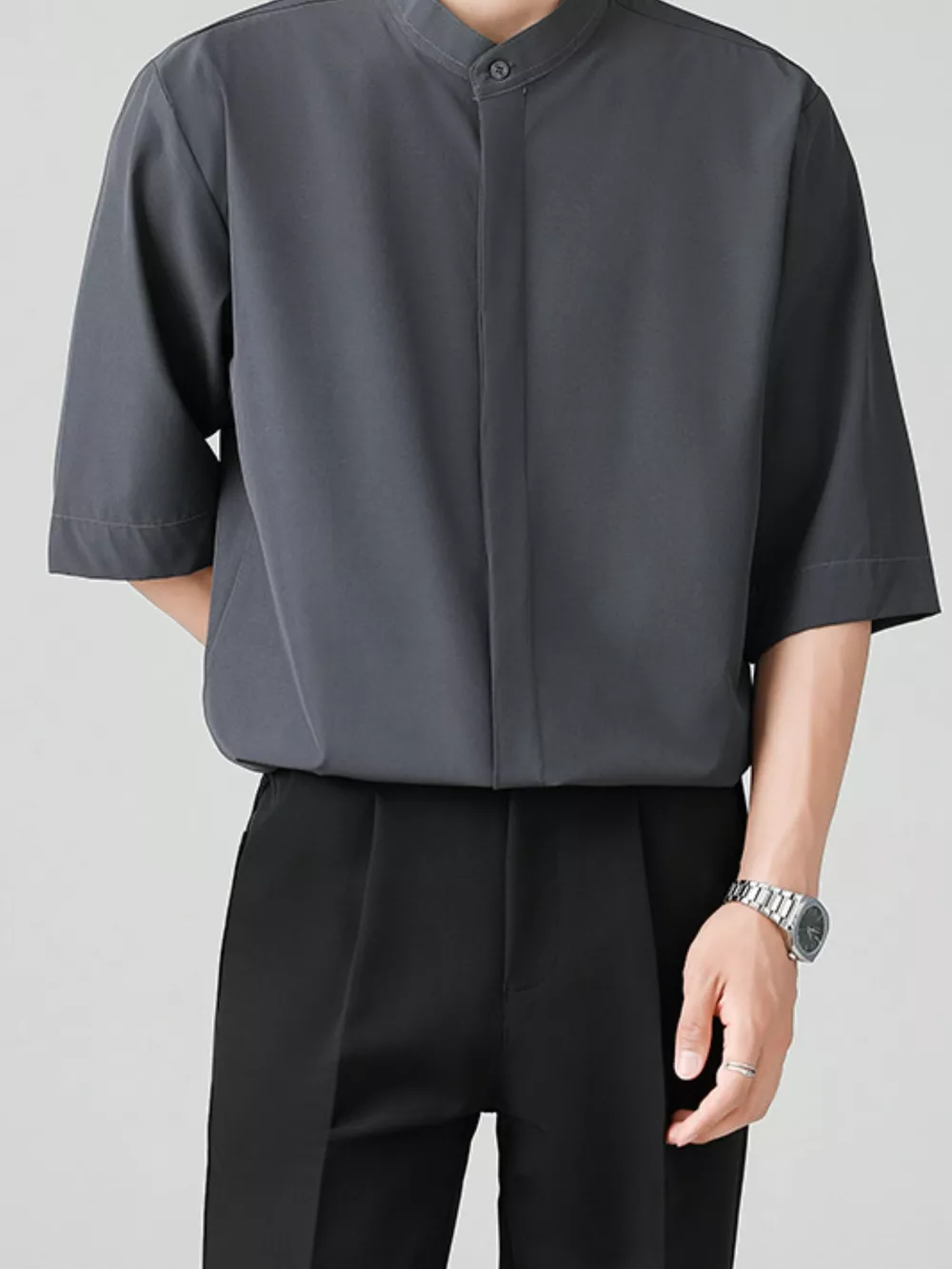 Men's Full Size Casual Mandarin Collar Half Sleeve Shirt Plus Size, image 6