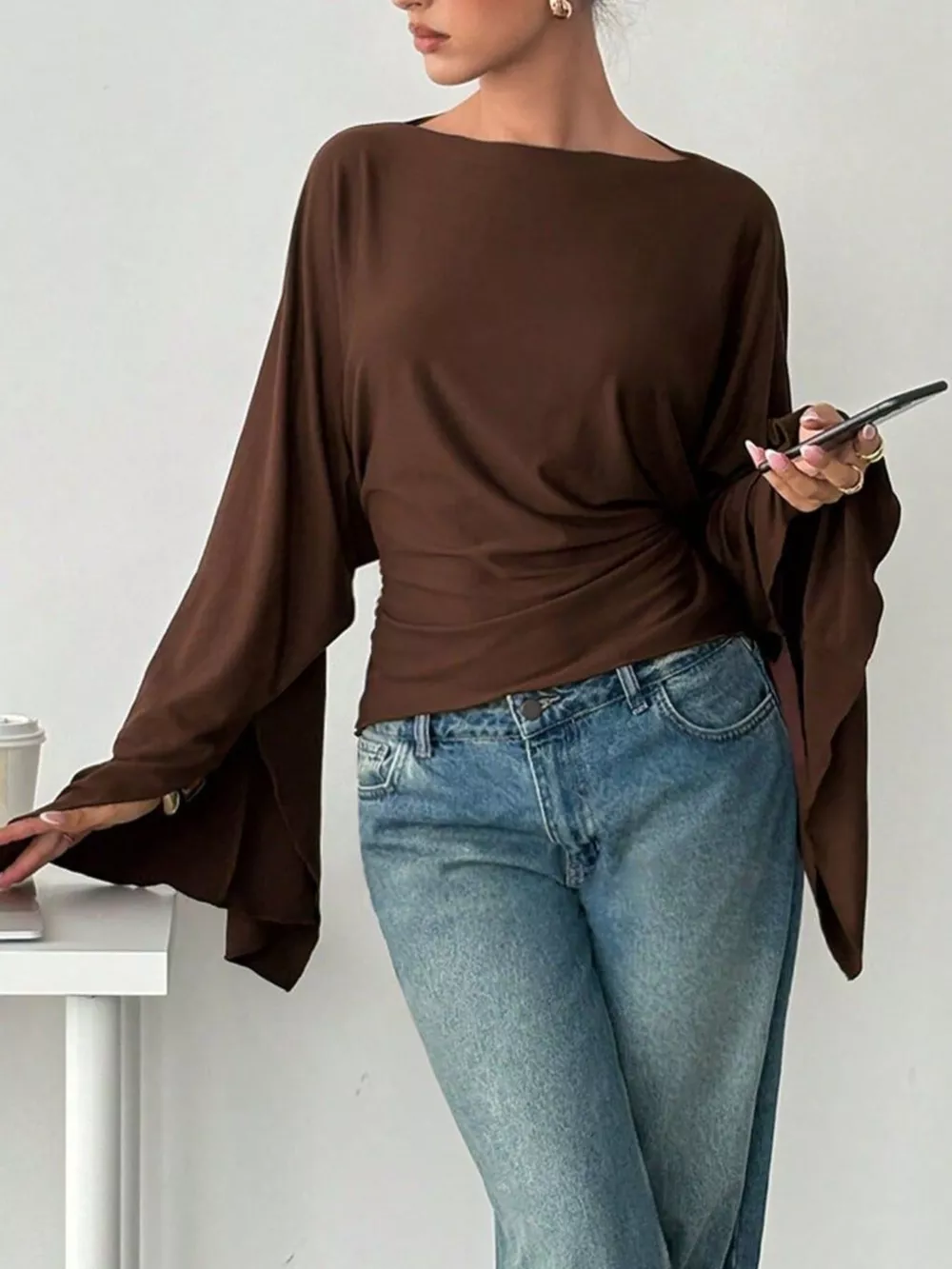 Boat Neck Slit Batwing Sleeve Top, image 2