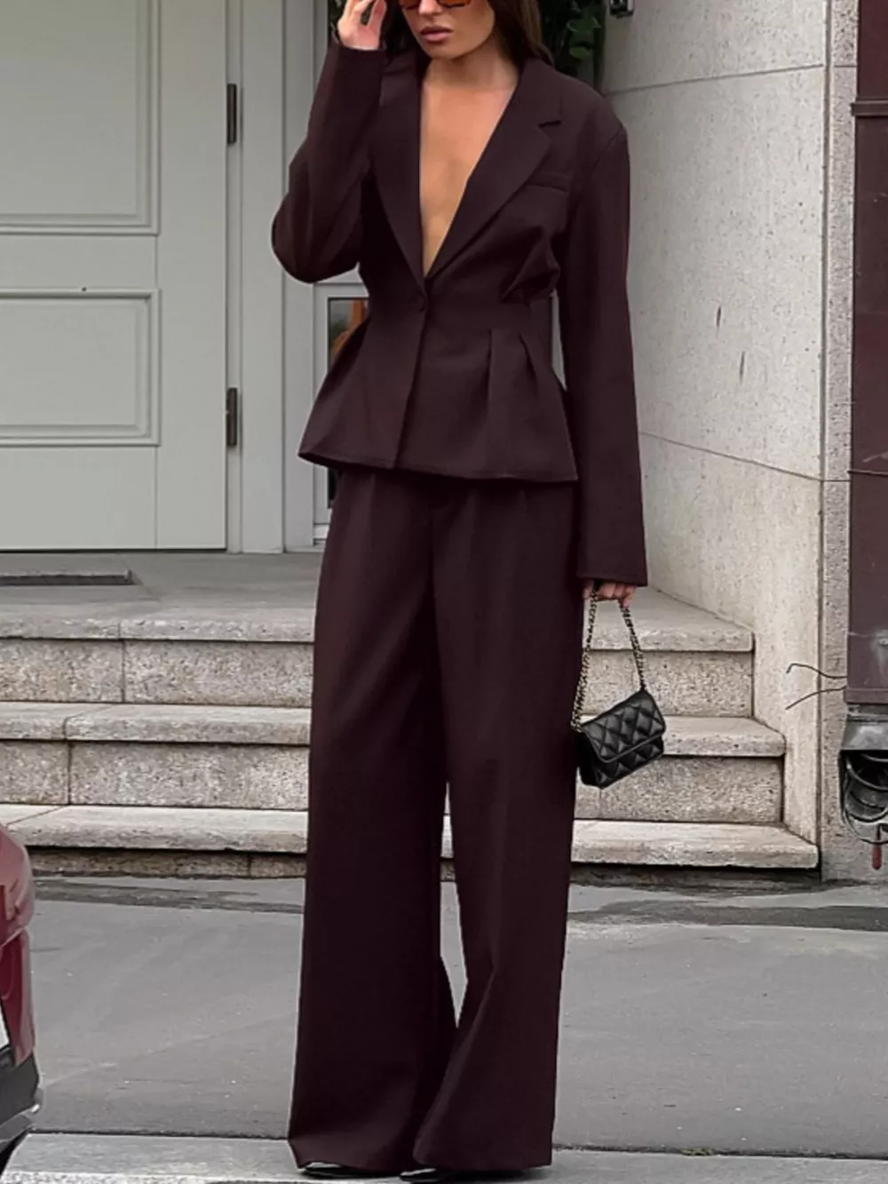 One-Button Blazer and Wide-Leg Pants Set, image 4