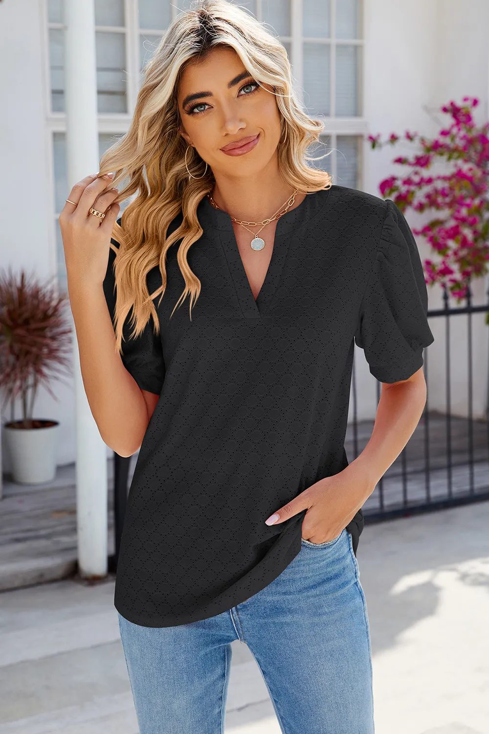 Eyelet Notched Puff Sleeve T-Shirt, image 18