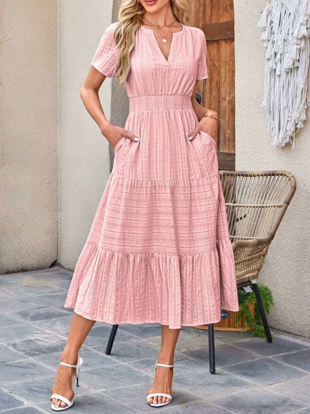 Tiered Notched Short Sleeve Dress, image 6