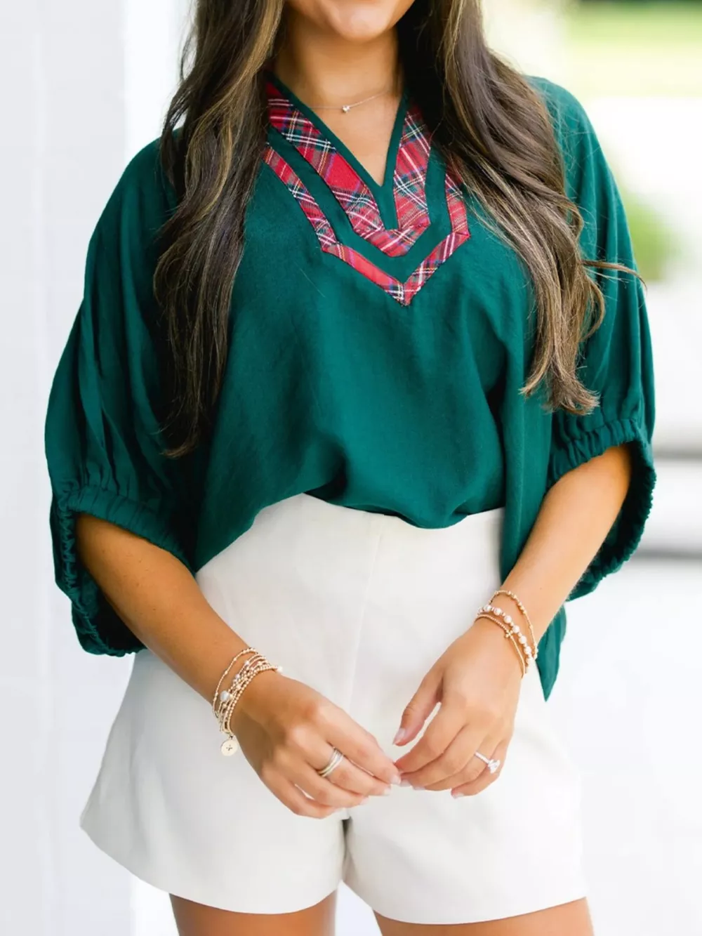 Plaid Trim Half Sleeve Blouse, image 3